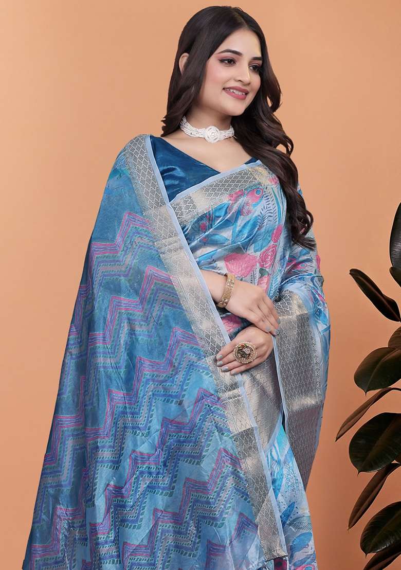 Blue Embroidered Silk Blend Saree Set for Diwali and Festive Wear - Indya