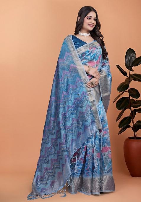 Blue Embroidered Silk Saree Set