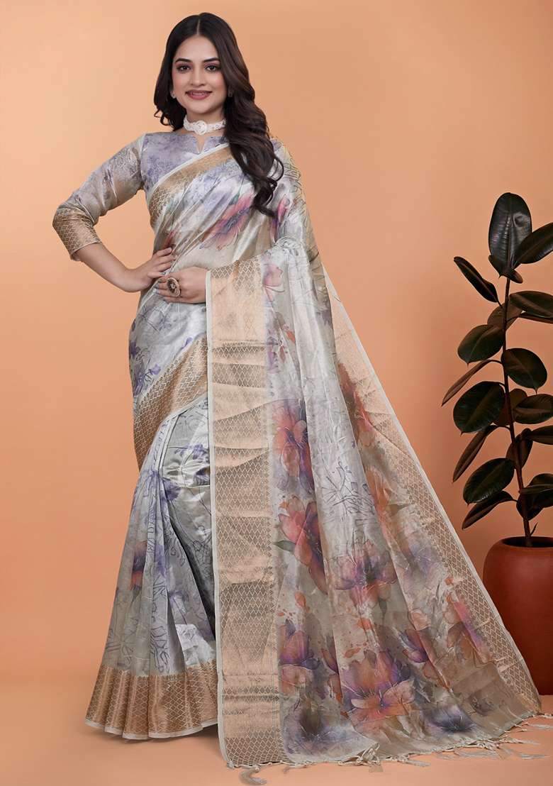 Grey Silk Blend Saree Set with Embroidered for Diwali | Wedding & Festive Wear - Indya