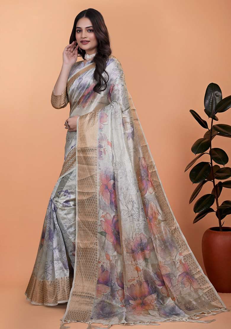 Grey Silk Blend Saree Set with Embroidered for Diwali | Wedding & Festive Wear - Indya