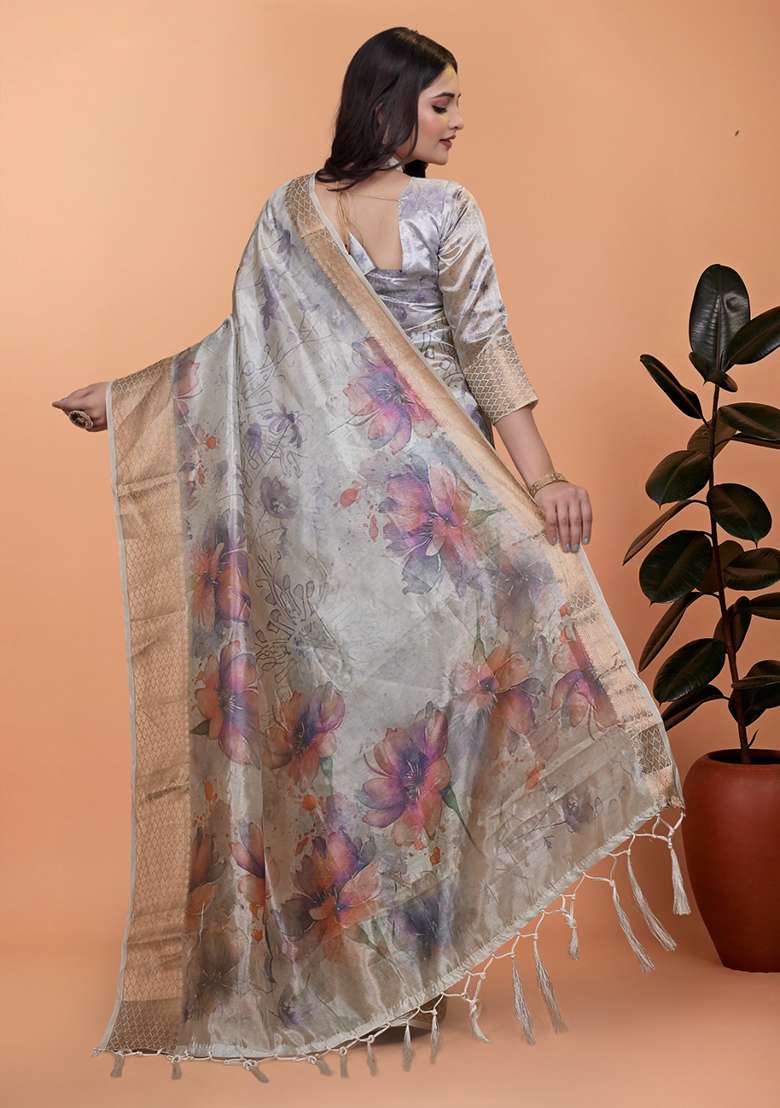 Grey Silk Blend Saree Set with Embroidered for Diwali | Wedding & Festive Wear - Indya
