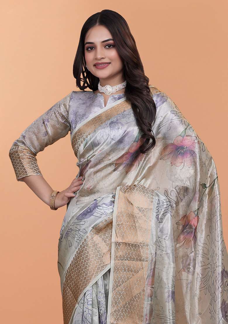 Grey Silk Blend Saree Set with Embroidered for Diwali | Wedding & Festive Wear - Indya