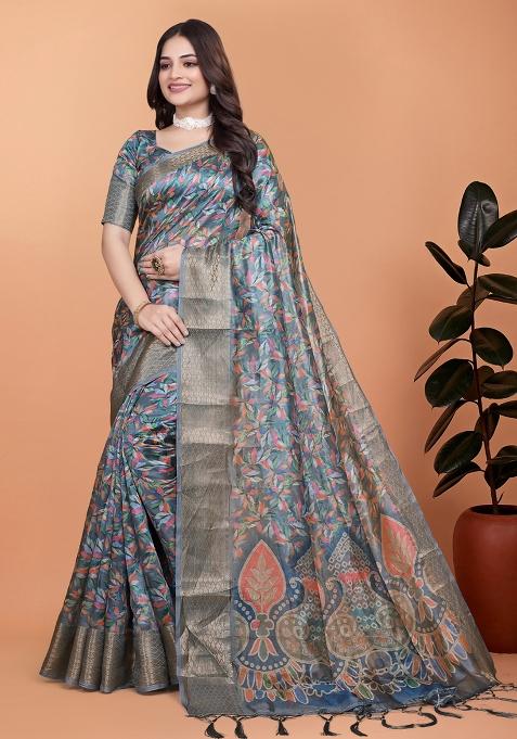 Blue Embroidered Silk Saree Set