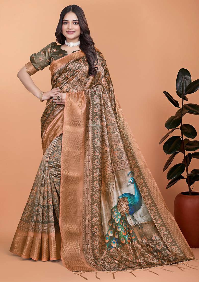 Brown Embroidered Silk Blend Saree Set for Diwali and Festive Wear - Indya