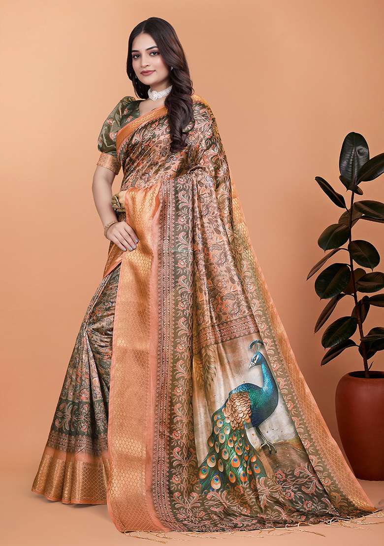 Brown Embroidered Silk Blend Saree Set for Diwali and Festive Wear - Indya