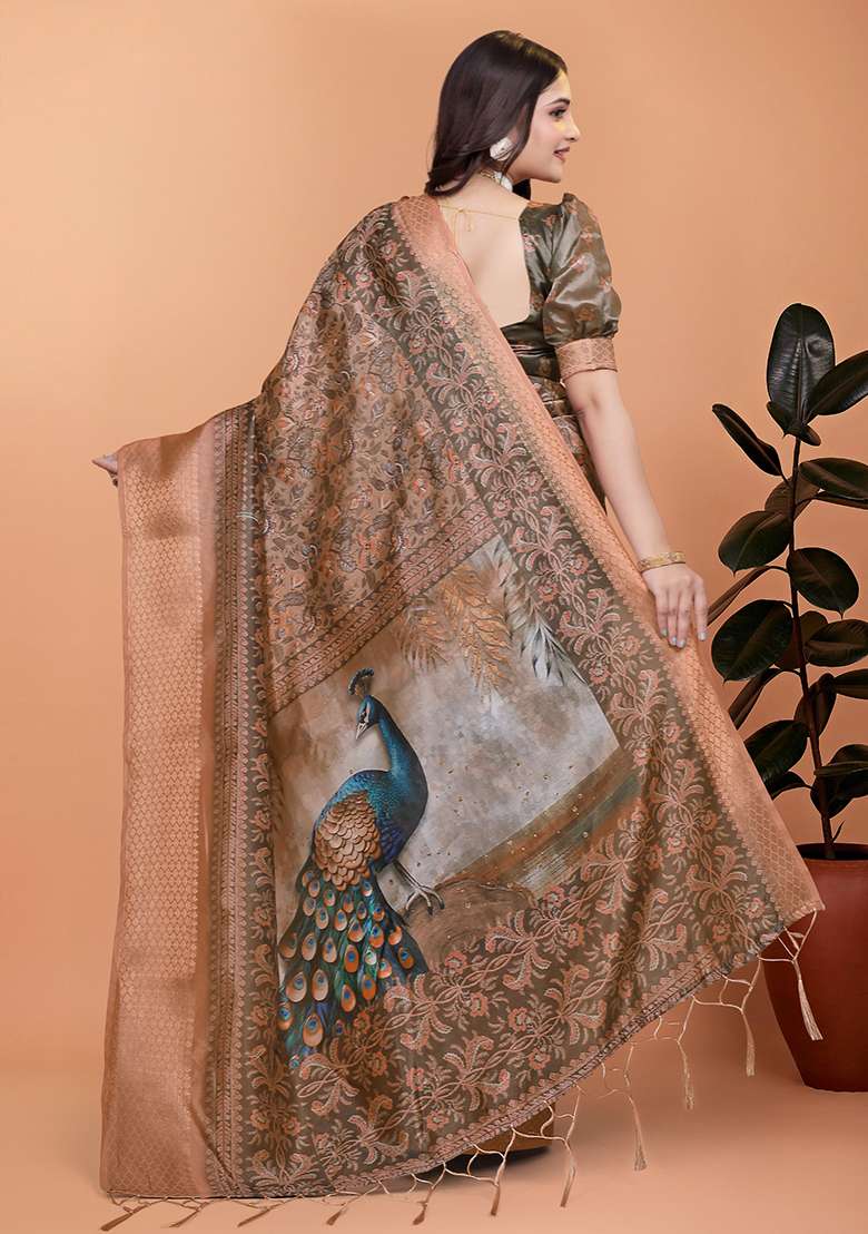 Brown Embroidered Silk Blend Saree Set for Diwali and Festive Wear - Indya