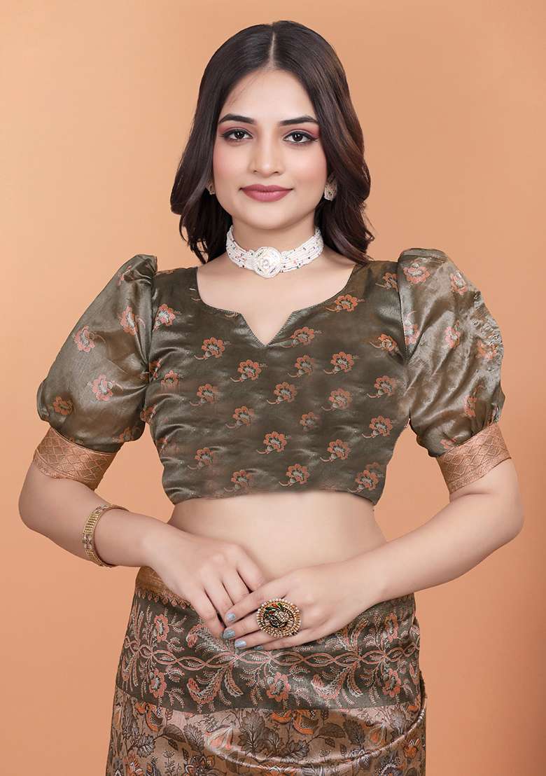 Brown Embroidered Silk Blend Saree Set for Diwali and Festive Wear - Indya