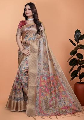 Beige Embroidered Silk Saree Set