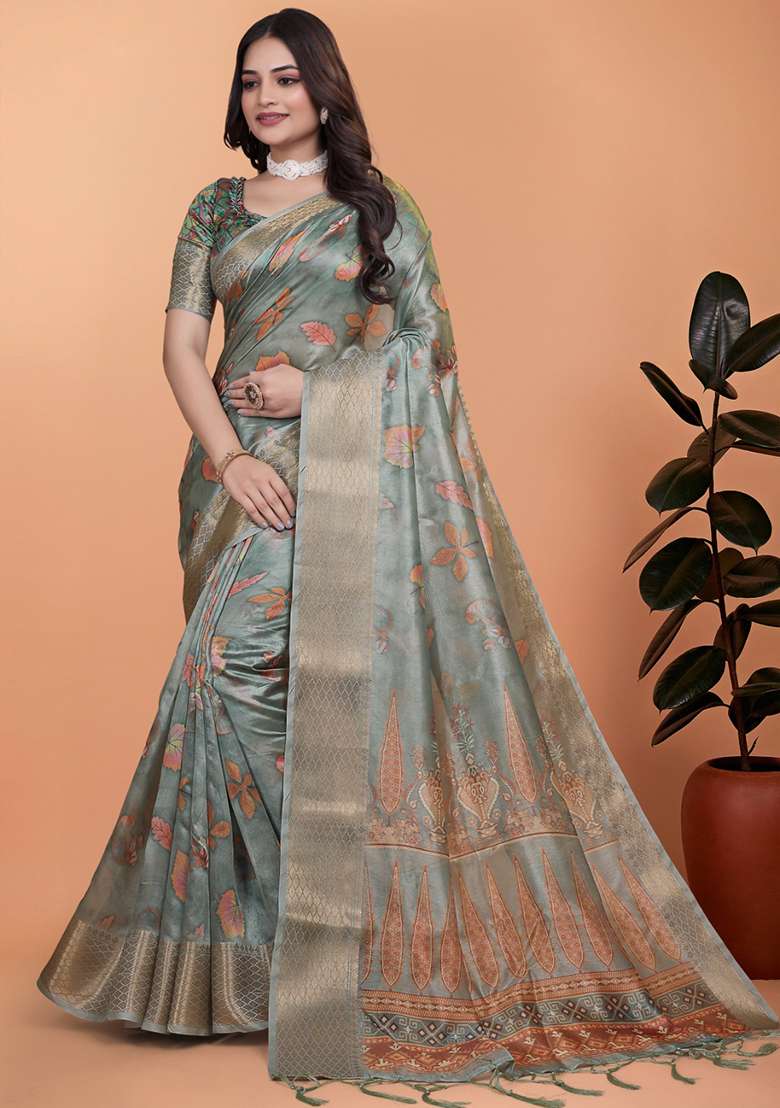 Grey Silk Blend Saree Set with Embroidered for Diwali | Wedding & Festive Wear - Indya