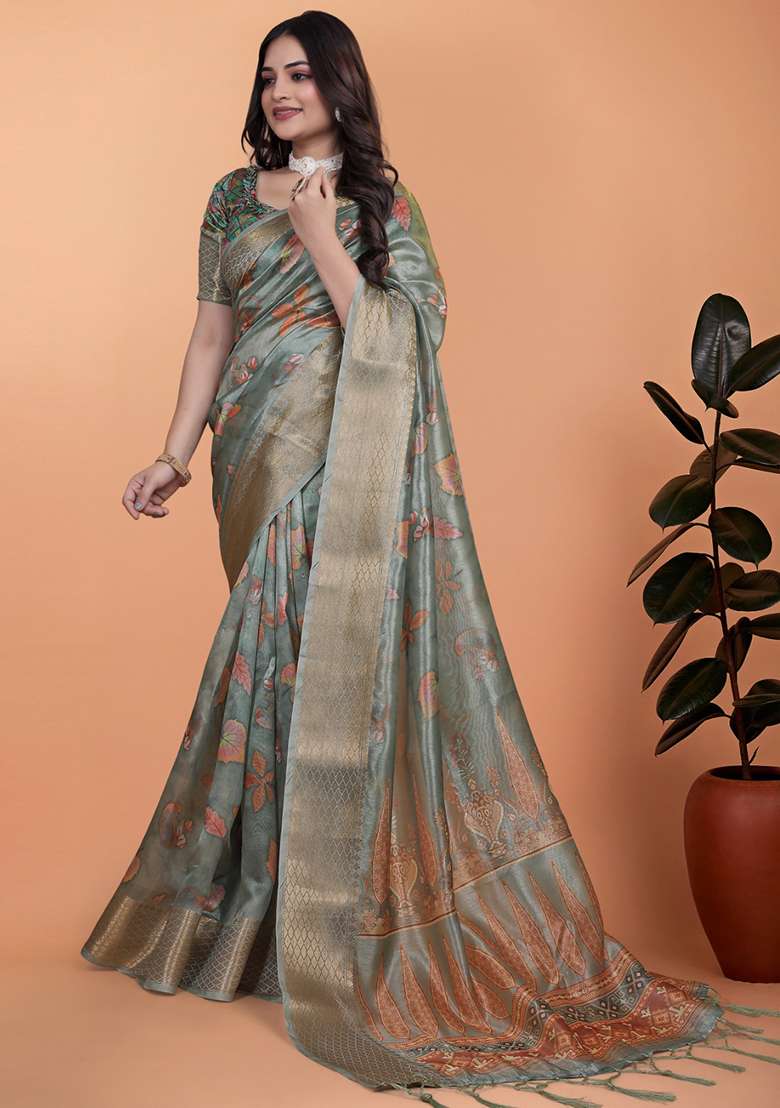 Grey Silk Blend Saree Set with Embroidered for Diwali | Wedding & Festive Wear - Indya