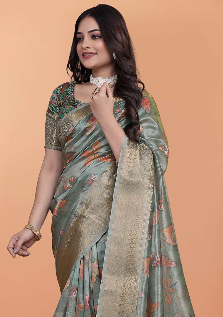 Grey Silk Blend Saree Set with Embroidered for Diwali | Wedding & Festive Wear - Indya