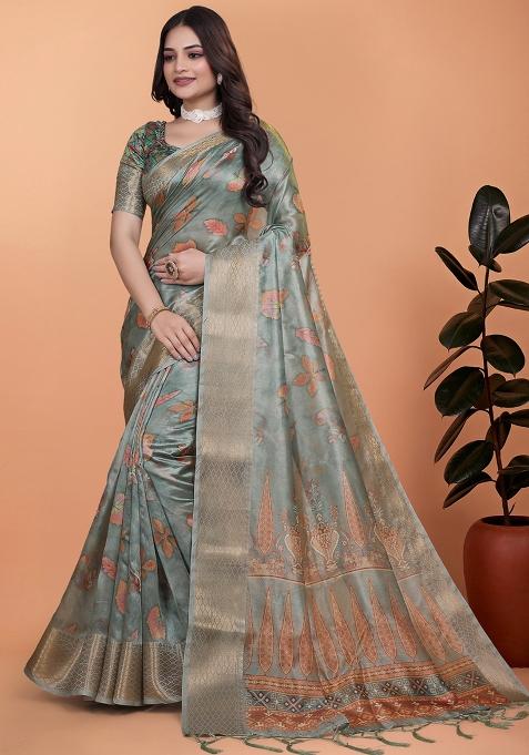 Grey Embroidered Silk Saree Set