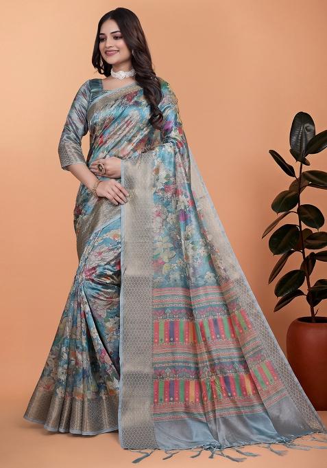 Blue Embroidered Silk Saree Set