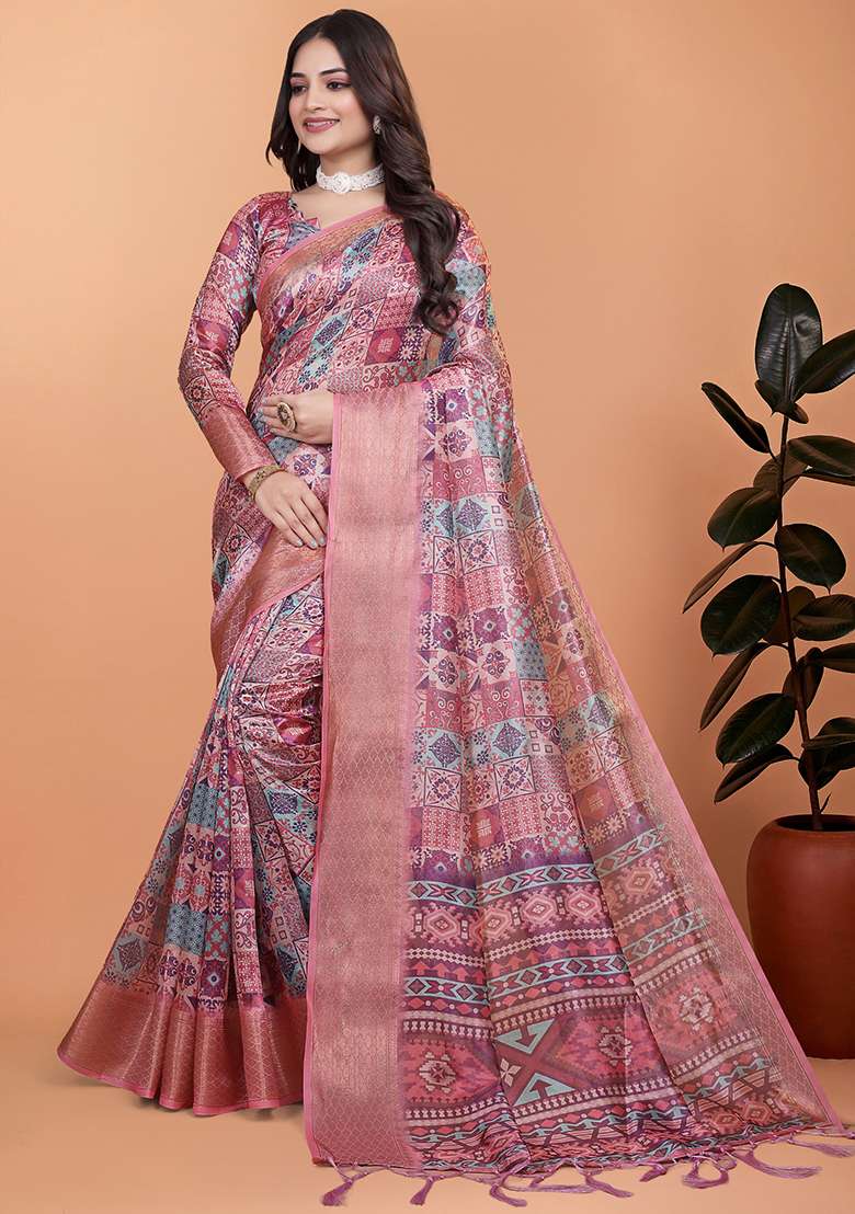 Pink Silk Blend Saree Set with Embroidered for Diwali | Wedding & Festive Wear - Indya