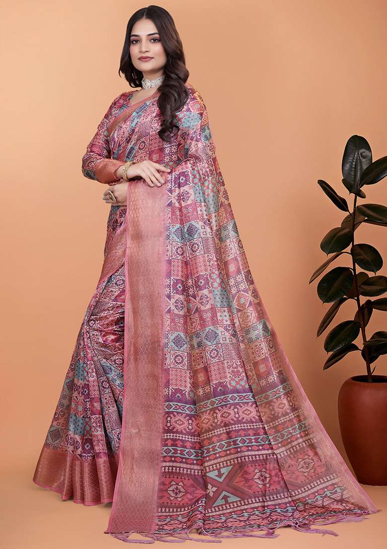 Pink Silk Blend Saree Set with Embroidered for Diwali | Wedding & Festive Wear - Indya