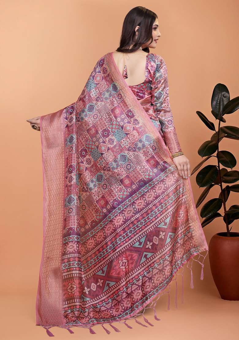 Pink Silk Blend Saree Set with Embroidered for Diwali | Wedding & Festive Wear - Indya