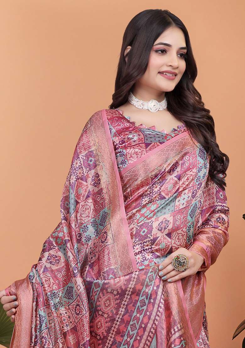 Pink Silk Blend Saree Set with Embroidered for Diwali | Wedding & Festive Wear - Indya