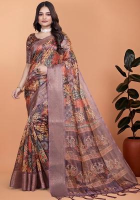 Brown Embroidered Silk Saree Set