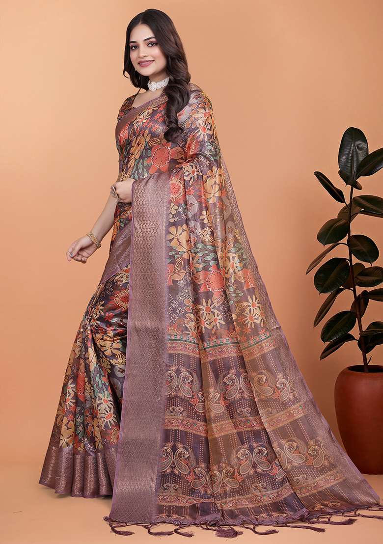 Brown Embroidered Silk Blend Saree Set for Diwali and Festive Wear - Indya
