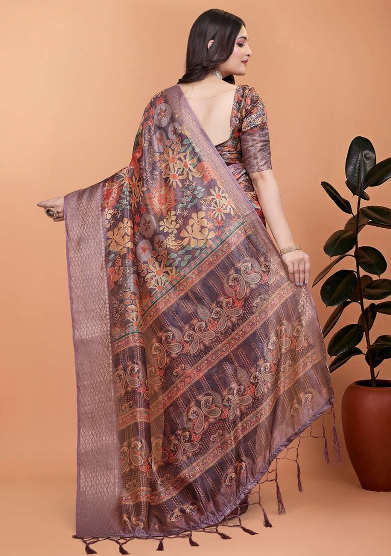 Brown Embroidered Silk Blend Saree Set for Diwali and Festive Wear - Indya