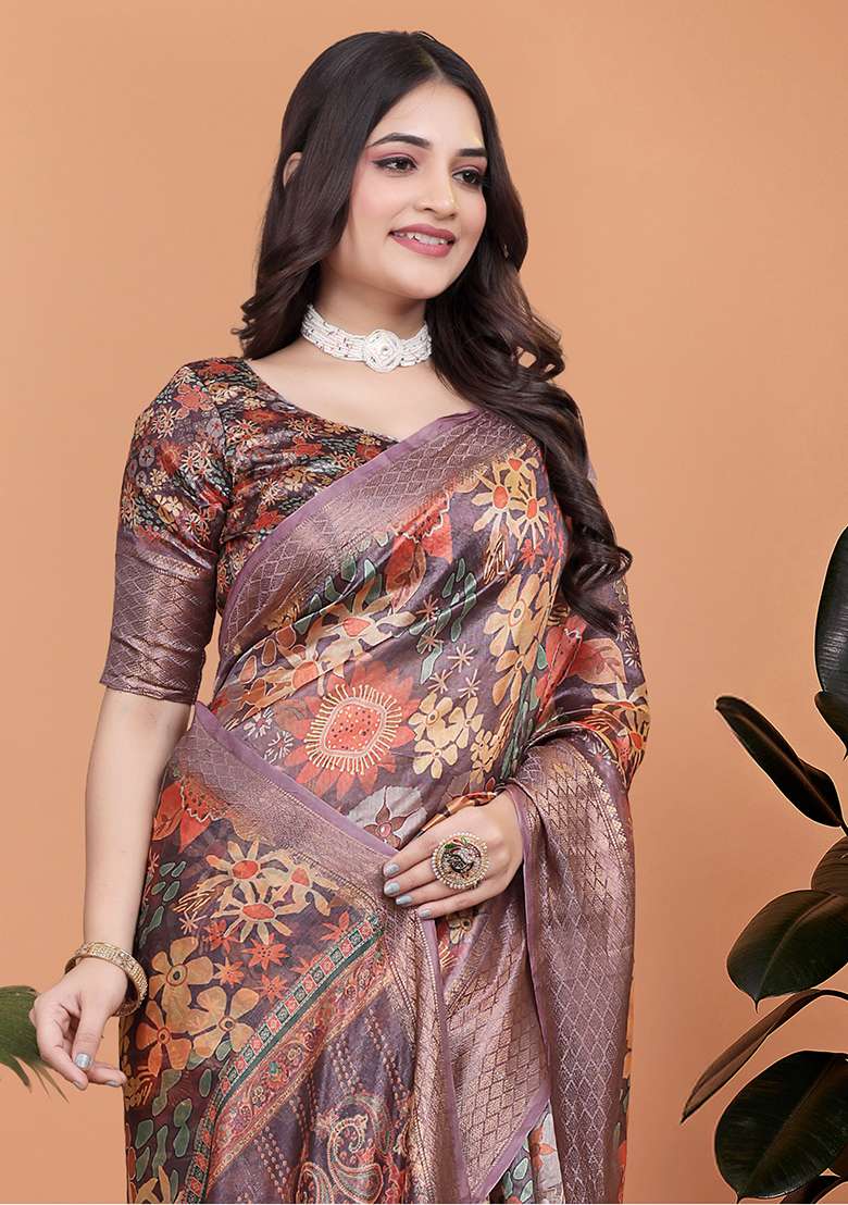Brown Embroidered Silk Blend Saree Set for Diwali and Festive Wear - Indya
