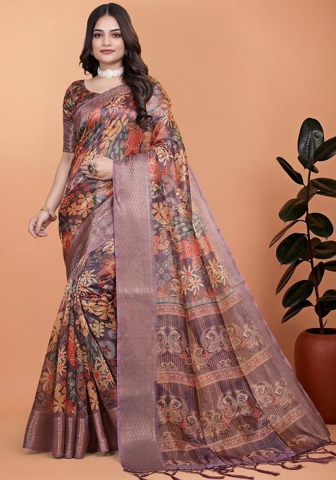 Brown Embroidered Silk Saree Set