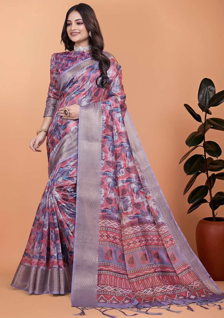 Purple Silk Blend Saree Set with Embroidered for Diwali | Wedding & Festive Wear - Indya