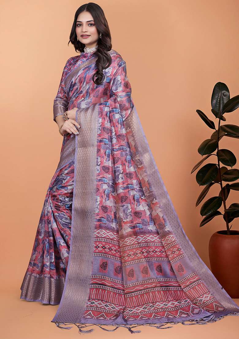 Purple Silk Blend Saree Set with Embroidered for Diwali | Wedding & Festive Wear - Indya