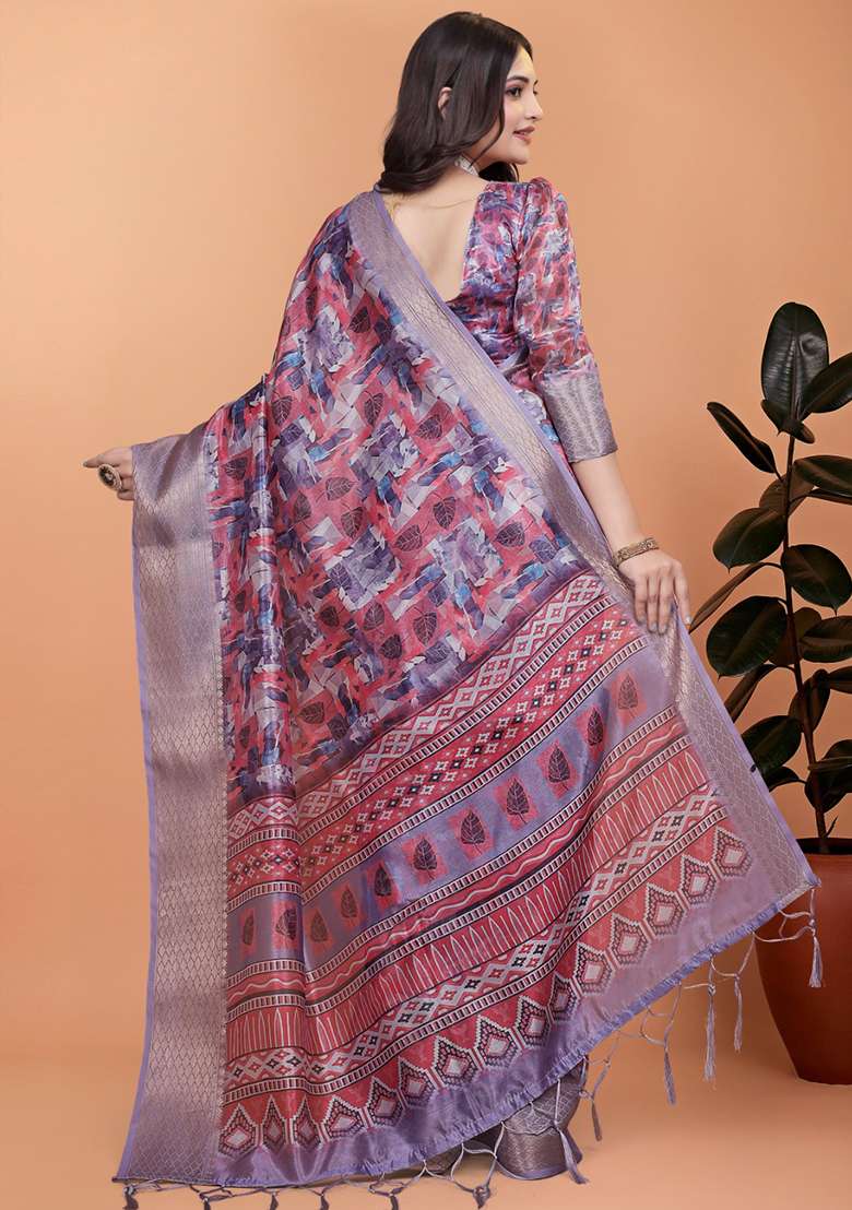 Purple Silk Blend Saree Set with Embroidered for Diwali | Wedding & Festive Wear - Indya