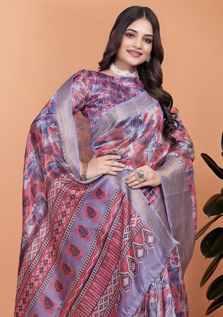 Purple Silk Blend Saree Set with Embroidered for Diwali | Wedding & Festive Wear - Indya