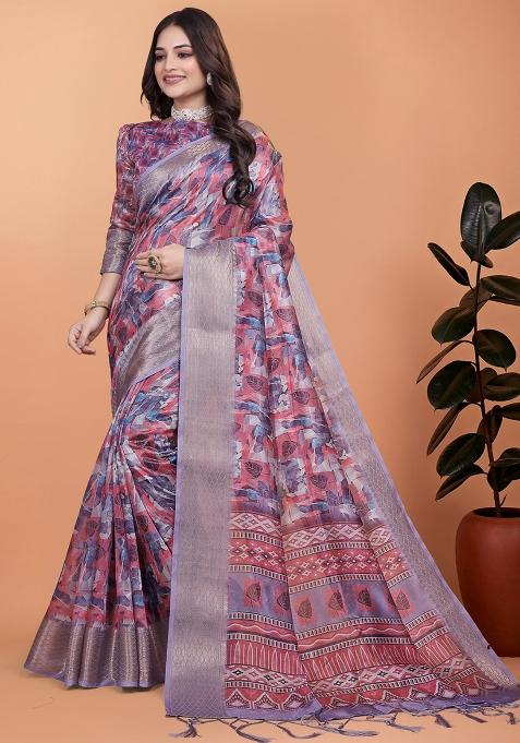 Purple Embroidered Silk Saree Set