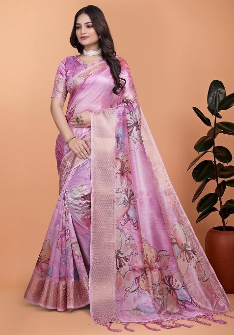 Pink Embroidered Silk Saree Set