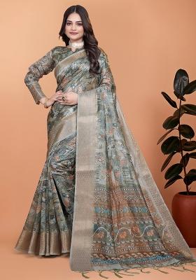 Grey Embroidered Silk Saree Set