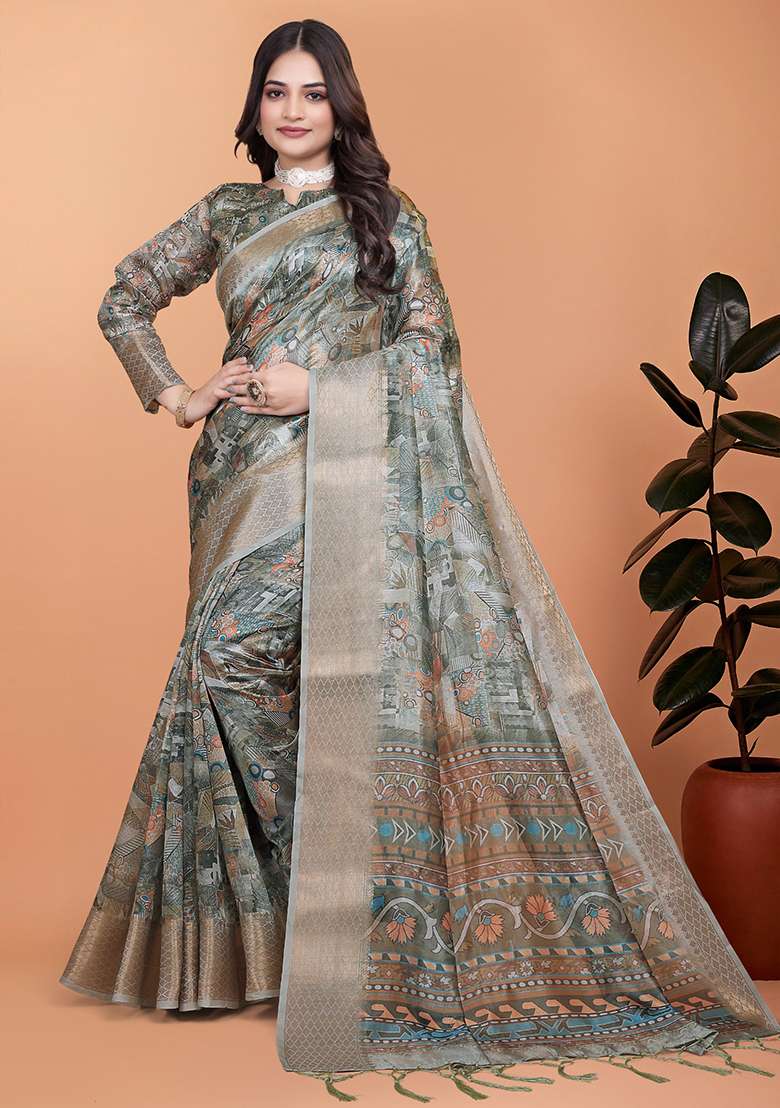 Grey Embroidered Silk Blend Saree Set for Diwali and Festive Wear - Indya
