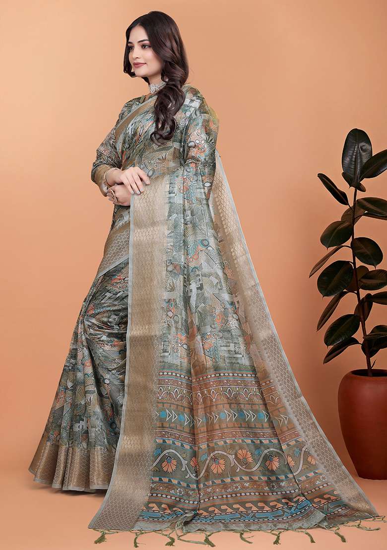 Grey Embroidered Silk Blend Saree Set for Diwali and Festive Wear - Indya
