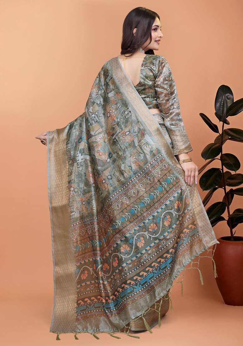 Grey Embroidered Silk Blend Saree Set for Diwali and Festive Wear - Indya