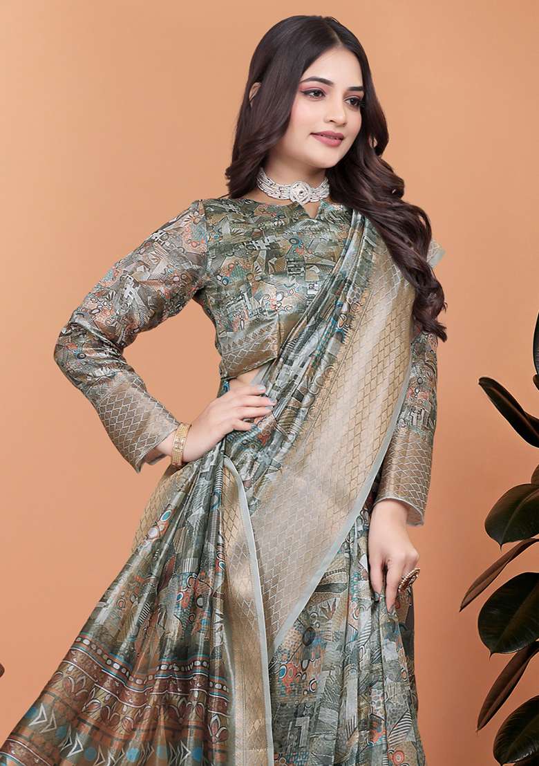 Grey Embroidered Silk Blend Saree Set for Diwali and Festive Wear - Indya