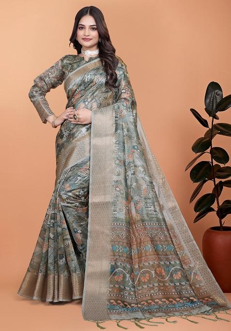Grey Embroidered Silk Saree Set