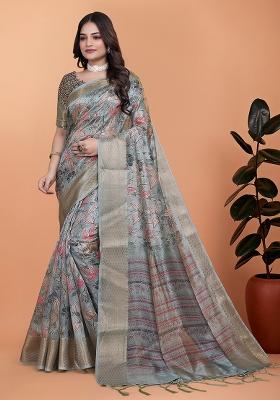 Grey Embroidered Silk Saree Set
