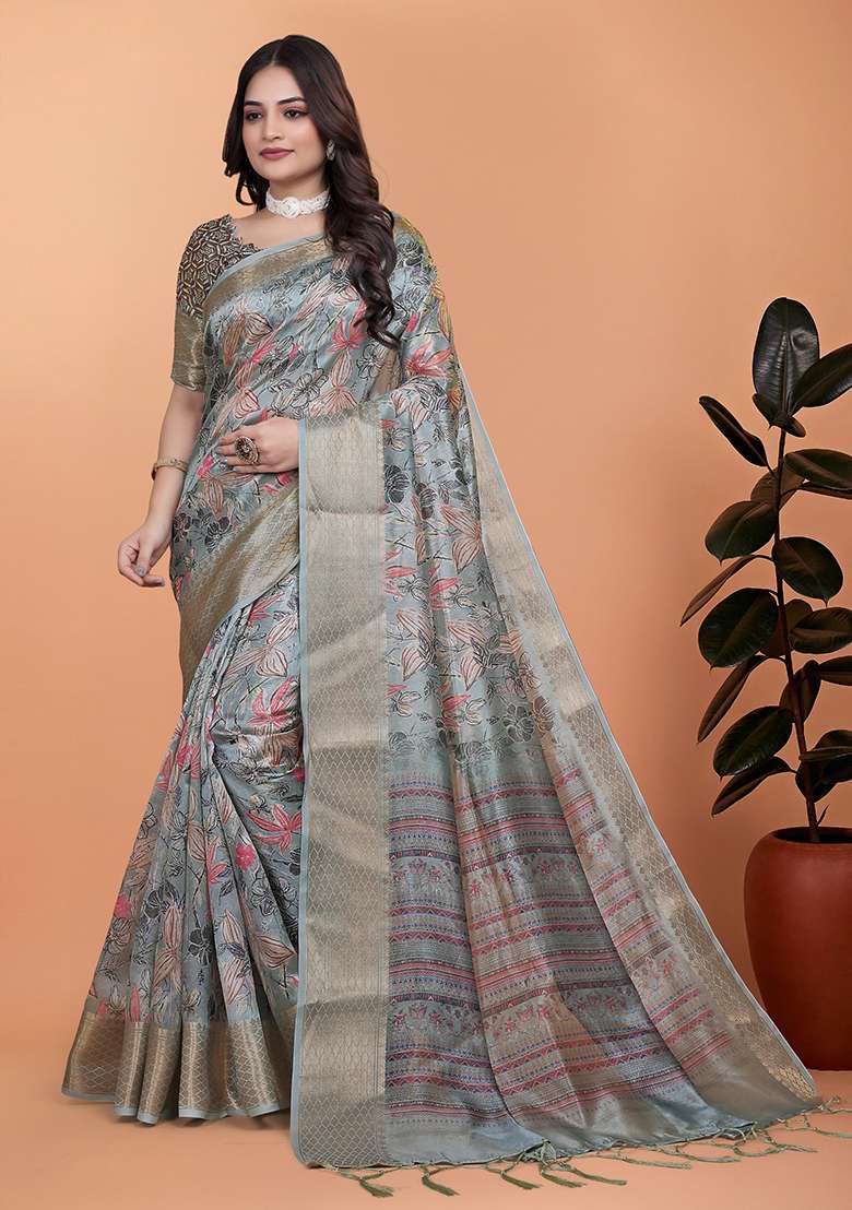 Grey Embroidered Silk Blend Saree Set for Diwali and Festive Wear - Indya