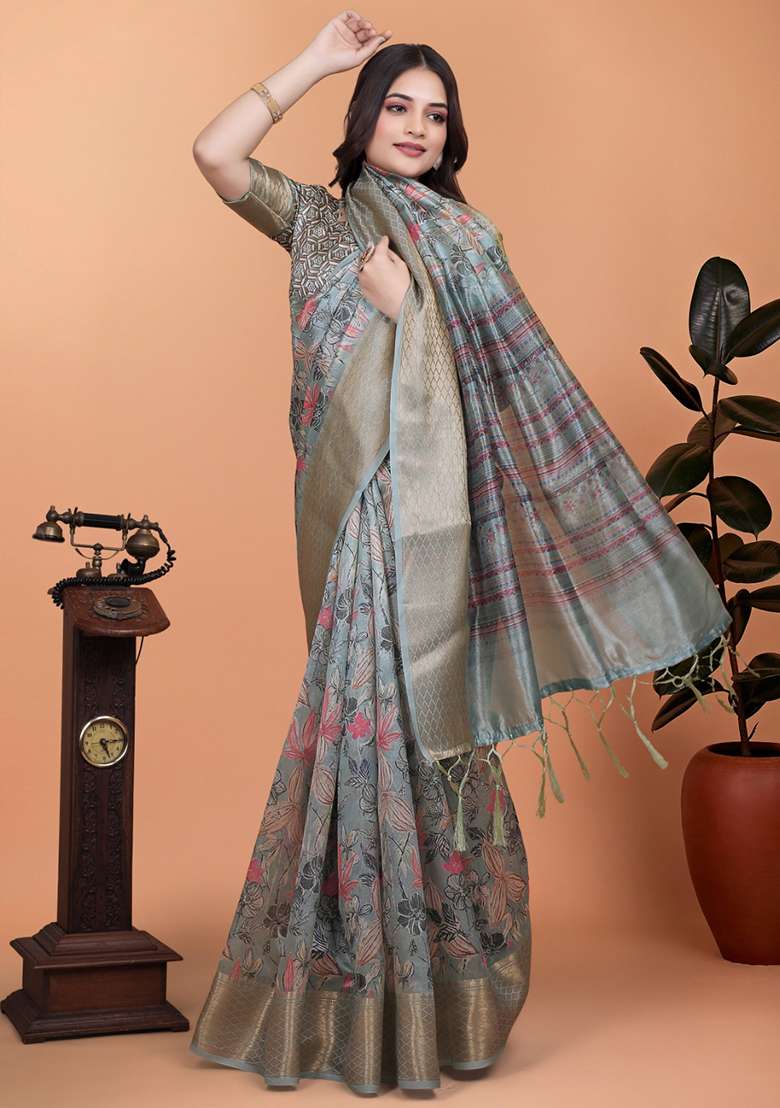 Grey Embroidered Silk Blend Saree Set for Diwali and Festive Wear - Indya