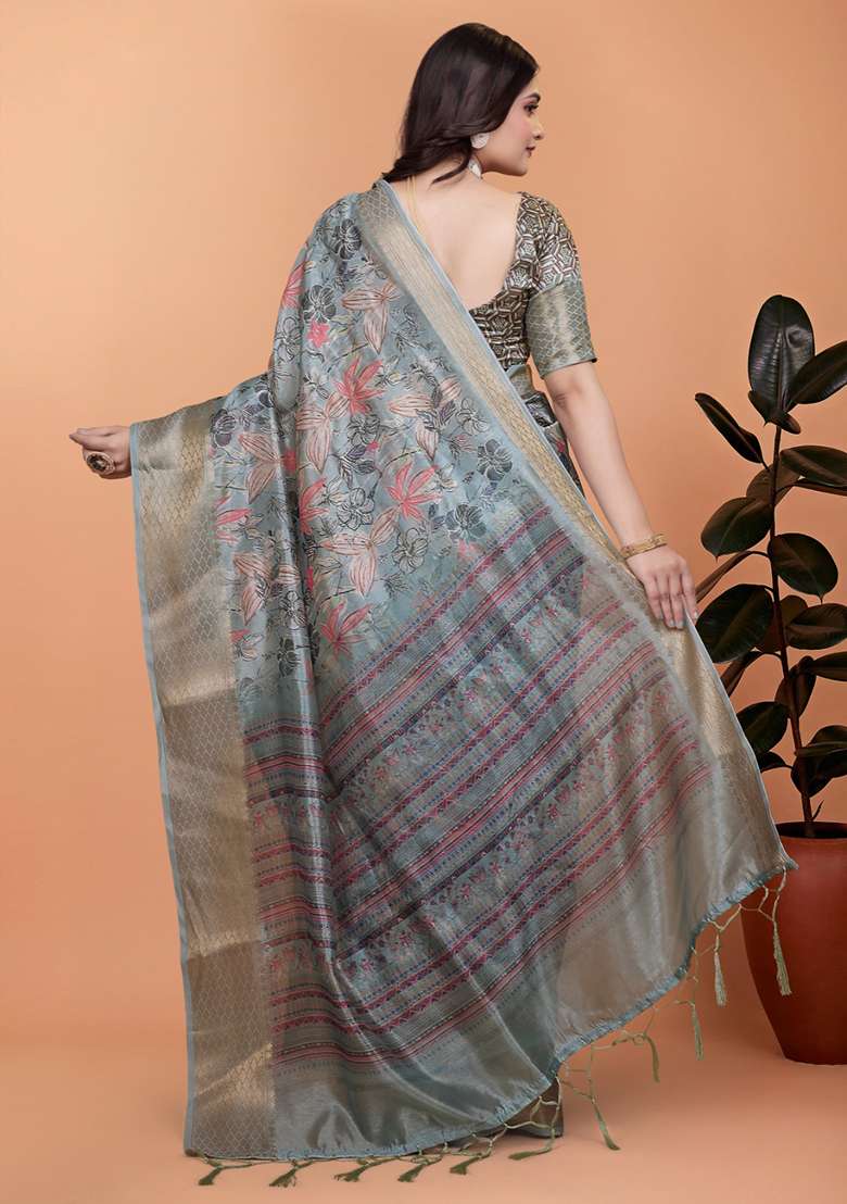 Grey Embroidered Silk Blend Saree Set for Diwali and Festive Wear - Indya