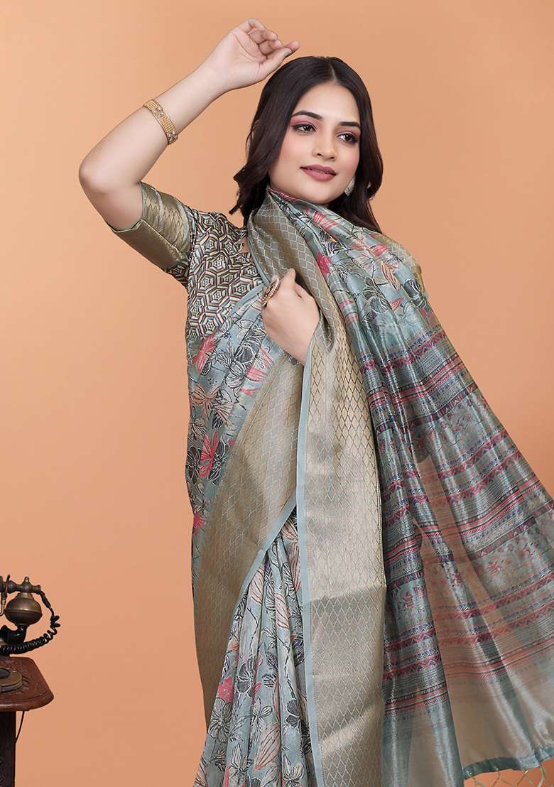 Grey Embroidered Silk Blend Saree Set for Diwali and Festive Wear - Indya