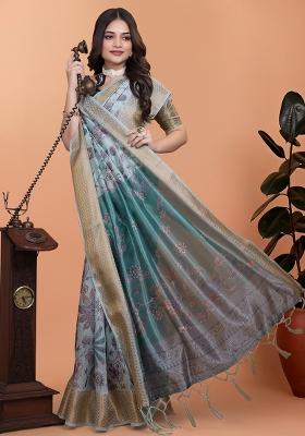 Light Blue Embroidered Silk Saree Set