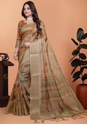 Beige Embroidered Silk Saree Set