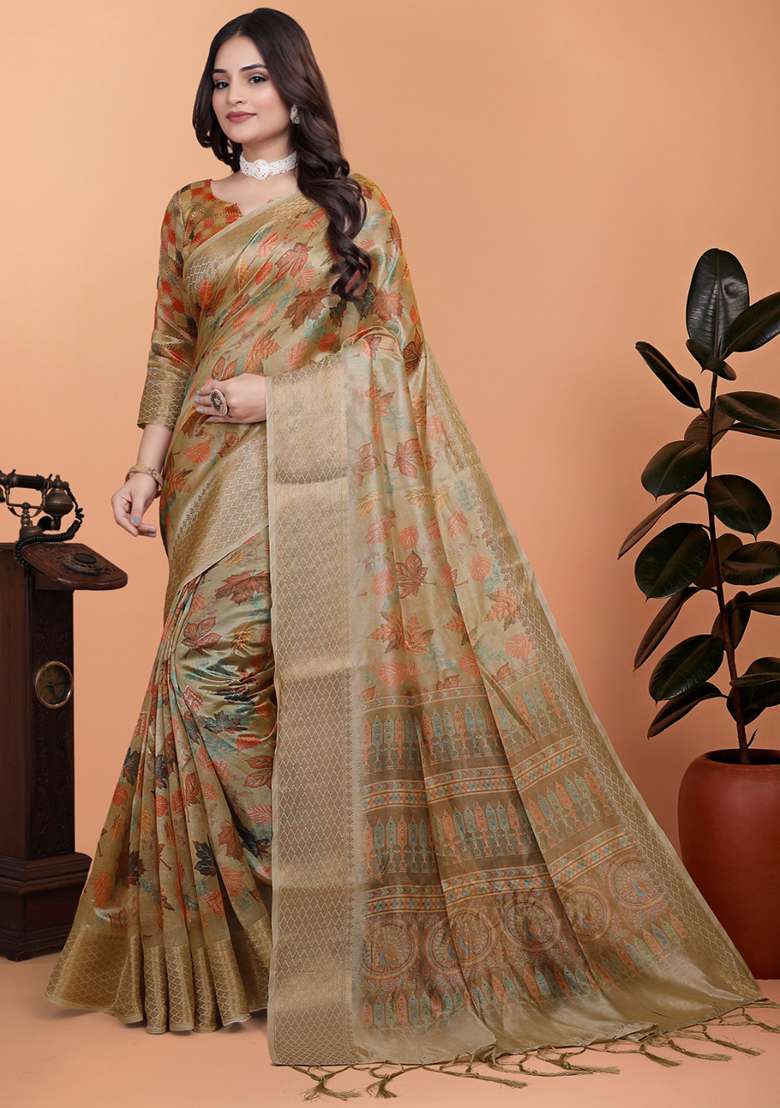 Beige Silk Blend Saree Set with Embroidered for Diwali | Wedding & Festive Wear - Indya