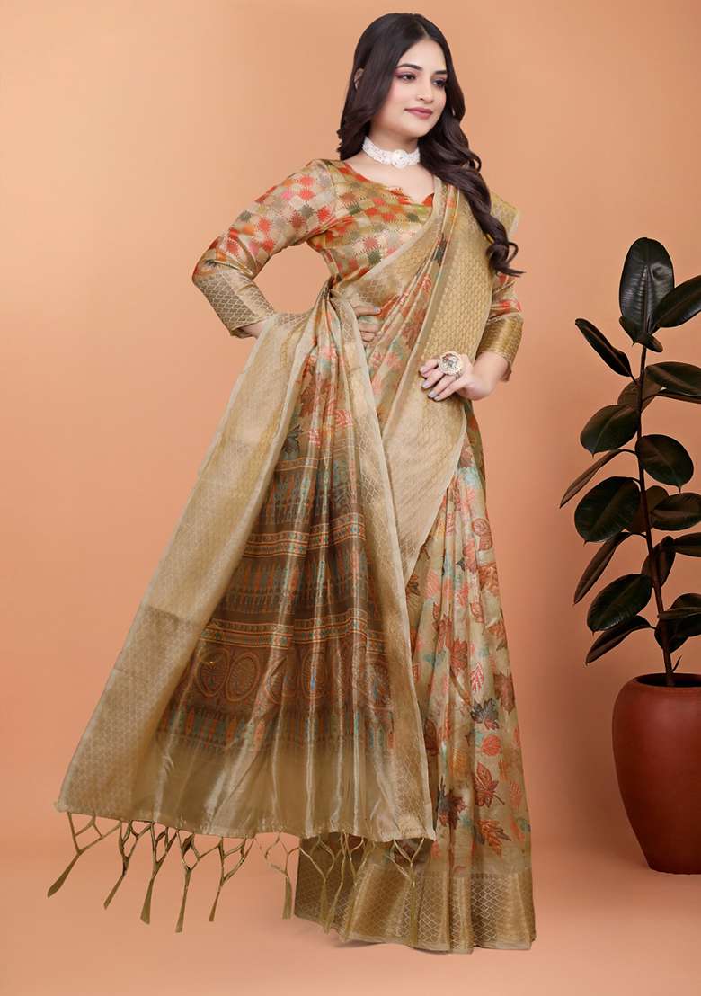 Beige Silk Blend Saree Set with Embroidered for Diwali | Wedding & Festive Wear - Indya