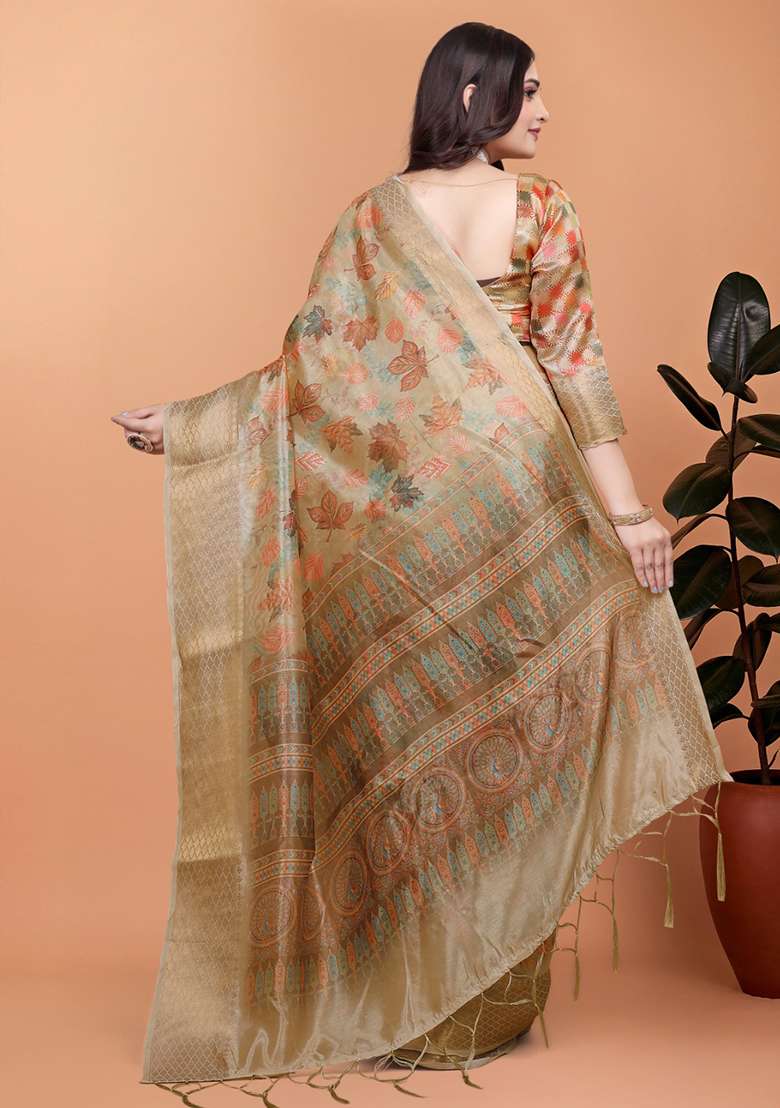 Beige Silk Blend Saree Set with Embroidered for Diwali | Wedding & Festive Wear - Indya