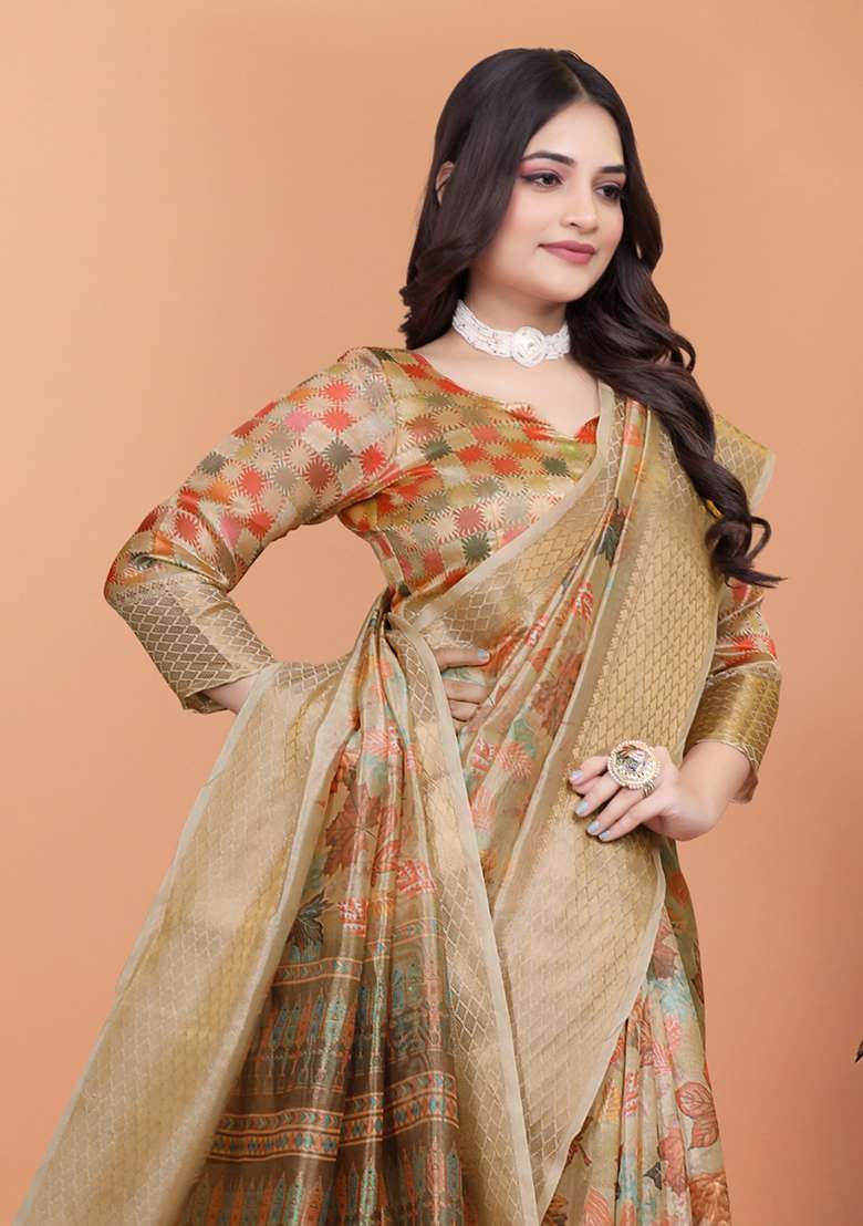 Beige Silk Blend Saree Set with Embroidered for Diwali | Wedding & Festive Wear - Indya
