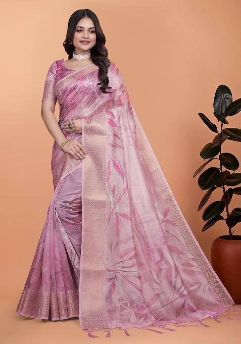Pink Embroidered Silk Saree Set